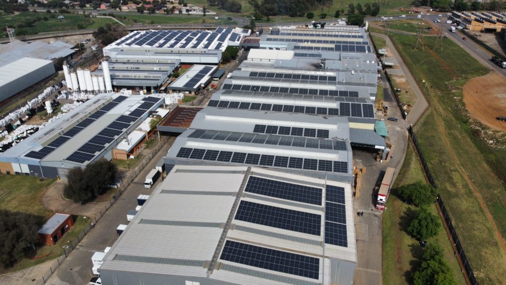 Aerial view of rooftop solar across the Alrode industrial estate