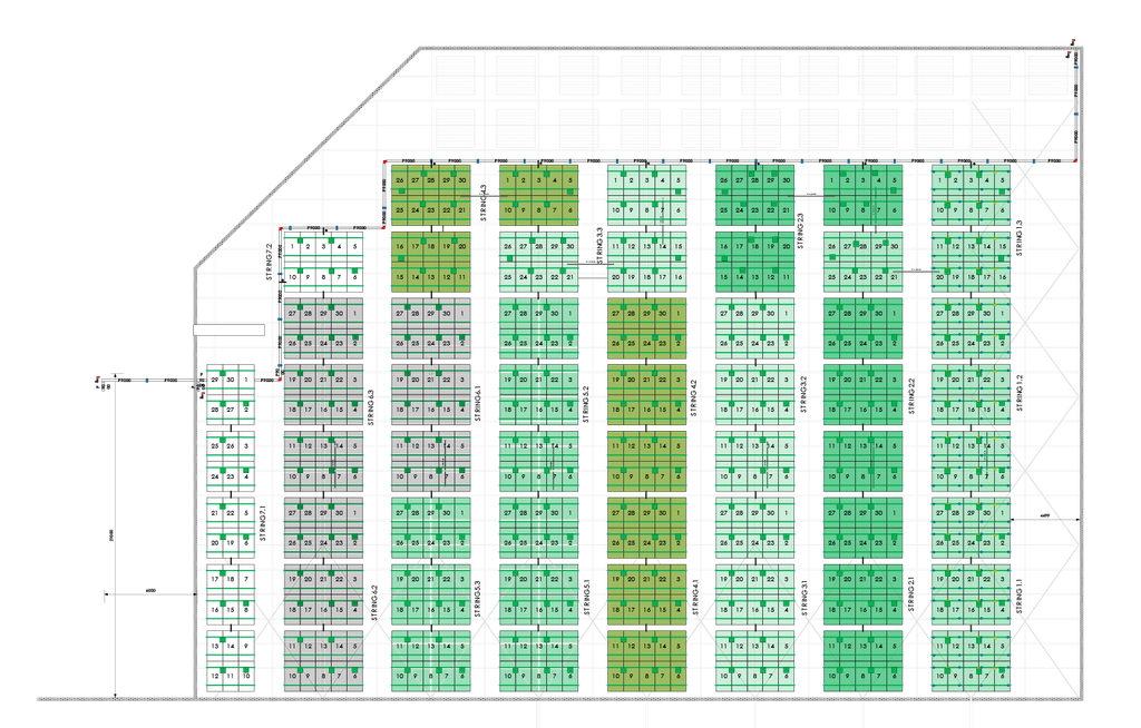Rooftop array layout and stringing plan for a commercial building