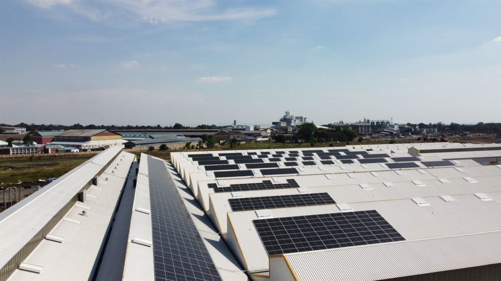 Solar panels across the sawtooth roofs of Barloworld Boksburg